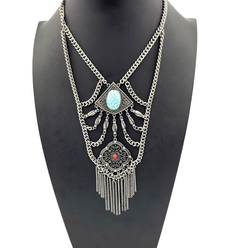 Vtg Boho Statement Necklace Blue & Red Accents Silvertone Chains Gypsy Goth - Picture 1 of 7